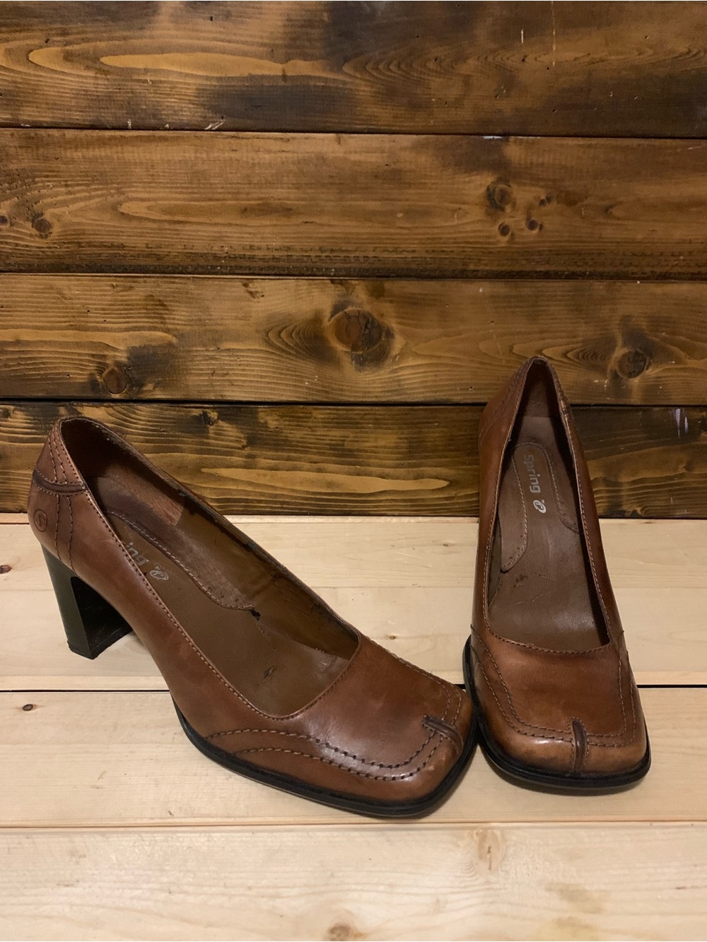 Spring Step Brown Leather Block Heel Mules